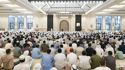 Dignitaries and guests attend Eid Al Fitr prayers at the Sheikh Sultan bin Zayed the First mosque in Al Bateen. Rashed Al Mansoori / Ministry of Presidential Affairs