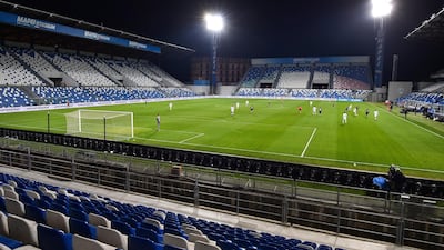 A view of the empty Mapei stadium as the Serie A soccer match between Sassuolo and Brescia is being played behind closed doors, in Reggio Emilia. AP