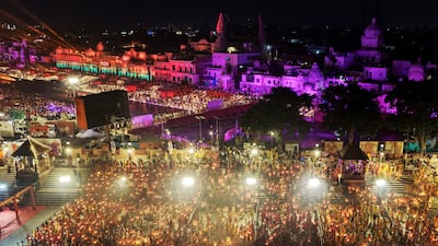 About 2.61 million oil lamps along the Saryu river on the eve of Diwali in Ayodhya, India. AP Photo