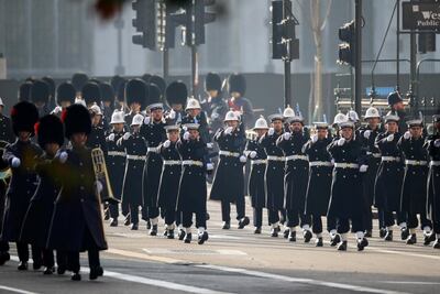 British Royal Navy members march during the National Service of Remembrance at The Cenotaph amid the coronavirus pandemic on Whitehall in London, Britain November 8. Reuters