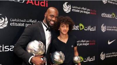 Al Ahli forward Grafite, left, winner of the International Player of the Year Award, while Al Ain playmaker Omar Abdulrahman scooped two gongs: Emirati Player of the Year and Fans' Player of the Year. Silvia Razgova / The National