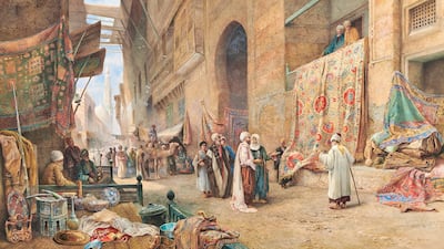 British painter Charles Robertson's 'A Carpet Seller, Cairo' depicts one of his favourite scenes. It is estimated to fetch £150,000 (Dh672,225) to £200,000. Najd Collection