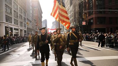 World War I American infantry reenactors march in the Veterans Day Parade. AFP