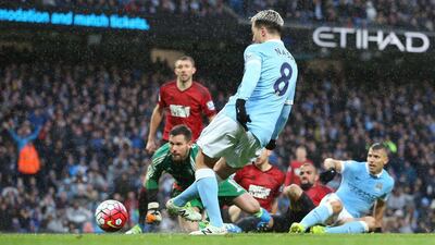 Manchester City’s Samir Nasri scores against West Bromwich Albion during the Premier League football match at the Etihad Stadium, Manchester, England, Saturday April 9, 2016. (Martin Rickett/PA via AP)