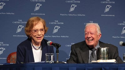 Rosalynn and Jimmy Carter speak at the Carter Center. Michael A Schwarz