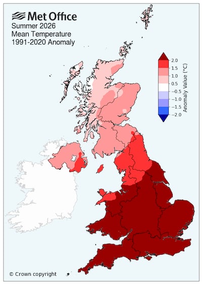Average temperatures in the UK in summer 2026. Photo: Met Office