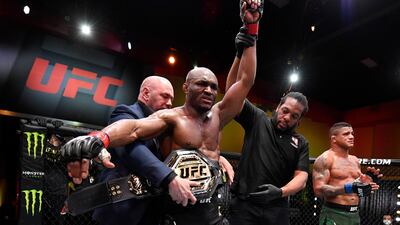 Kamaru Usman of Nigeria reacts after his victory over Gilbert Burns of Brazil in their UFC welterweight championship fight during the UFC 258 event at UFC APEX in Las Vegas, Nevada. Jeff Bottari / Zuffa LLC / UFC