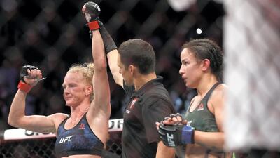Holly Holm celebrates after defeating Raquel Pennington by unanimous decision at UFC 246 in Las Vegas in January 2020. AFP