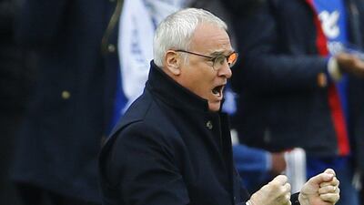 Claudio Ranieri celebrates Riyad Mahrez's opening goal for Leicester City against Swansea last weekend in the Premier League. Darren Staples / Reuters / April 24, 2016