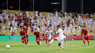 Ali Mabkhout scores UAE's second goal from the spot . Chris Whiteoak / The National