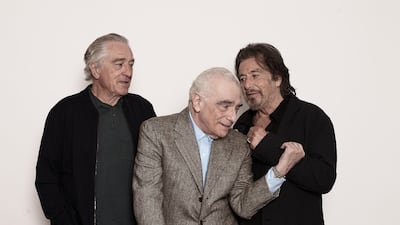 Robert De Niro,left, and Al Pacino, right, with ‘The Irishman’ director Martin Scorsese. AP