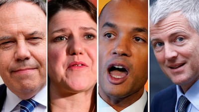 High profile politicians that lost their seats in the general election including Northern Ireland's Democratic Unionist Party (DUP) deputy leader Nigel Dodds (L), Liberal Democrats leader Jo Swinson (2L), Liberal Democrats politican Chuka Umunna (2R) and the Conservative Party's Zac Goldsmith (R). / AFP / Oli SCARFF