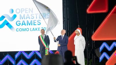 The closing ceremony of the Open Masters Games Abu Dhabi recognised the next host, Italy's Como Lake in 2027. Diyab Basheer / The National
