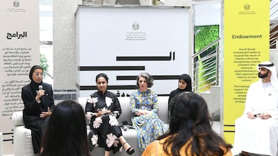 From left: Noura Al Kaabi, Minister of Culture and Knowledge Development (MCKD), artists Aisha Khalid, Fatima Uzdenova and Aljoud Lootah, and Sheikh Salem Al Qasimi, Assistant Under Secretary of Heritage and Arts at MCKD. Courtesy MCKD