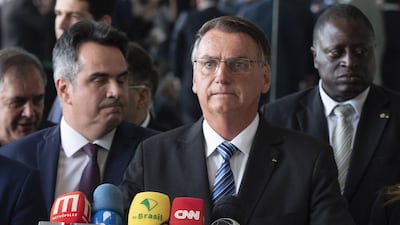 Out-going Brasilian president Jair Bolsonaro, speaks to the media about the results of the presidential elections, in Brazil, on November 1, 2022. EPA