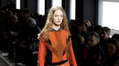 BOTTEGA VENETA, FEBRUARY 28, 9.30AM, MILAN. Bottega Veneta’s Tomas Maier merged 1960s and 1970s silhouettes and prints for autumn/winter 2015 — an obvious contrast to the label’s usual pretty pastel aesthetic. Antonio Calanni / AP photo