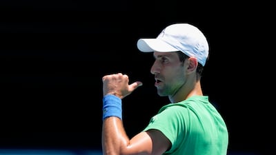 Novak Djokovic in action during a training session at Melbourne Park on Thursday before a decision from immigration minister Alex Hawke over whether he can play in the Australian Open. EPA