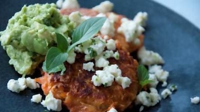 Sweet potato fritter with avocado and marinated feta.