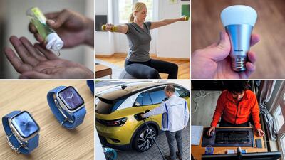 Items added to the shopping basked include, clockwise from top left: hand sanitiser, hand weights for home exercise, Smart/WiFi light bulbs, casual clothing, hybrid/electric cars, smartwatches. The basket is reviewed annually to ensure it accurately measures changing costs over time and reflects the developing tastes and shopping habits of British consumers. Getty Images