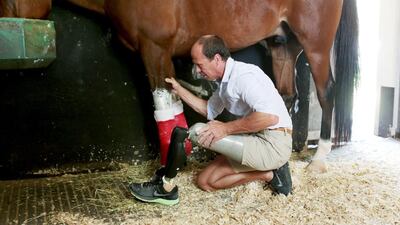 UAE champion horse trainer Ernst Oertel works at Al Asayl Stables in preparation for the upcoming season. Christopher Pike / The National