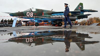 Iraq has said it is buying more than a dozen Sukhoi Su-25 ground attack aircraft, such as this one on display at exhibition at the Russian air force base in Kant, about 20km from the capital of Kyrgyzstan, on October 27, 2013. Vyacheslav Oseledko / AFP