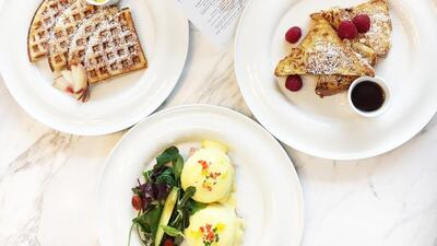 French toast, waffles and eggs benedict from the brunch menu at Sarabeth’s Dubai. Photo by Hafsa Lodi