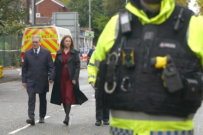 Britain's Prime Minister Keir Starmer and his wife Victoria arrive to meet emergency workers near Heaton Park Hebrew Congregation synagogue in Manchester, England. AP