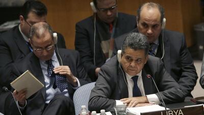 Libyan Foreign Minister Mohammed Al Dairi speaks during a Security Council meeting on the situation in Libya, on Wednesday, February 18. AP Photo/Mary Altaffer
