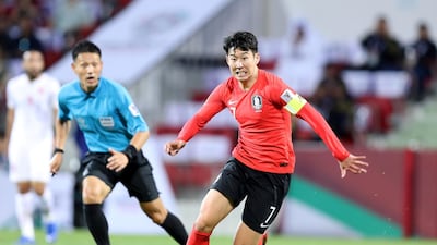 Son Heung-min of South Korea competes in the game between South Korea and Bahrain in the Asian Cup 2019. Tuesday, January 22nd, 2019 at Rashid Stadium, Dubai.