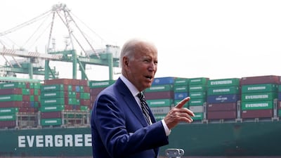 US President Joe Biden gestures after speaking during a visit to the Port of Los Angeles in California. Reuters