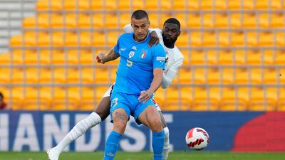 Gianluca Scamacca of Italy is challenged by Fikayo Tomori of England during their Nations League match. EPA