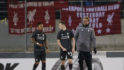 Liverpool manager Jurgen Klopp, with Nathaniel Clyne and Bradley Smith, after their goalless draw in the Europa League on Thursday night. Lee Smith / Action Images / Reuters / December 10, 2015