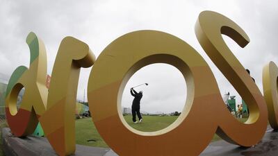 Ricardo Gouveia of Portugal, tees of on the 15th hole during a practice round for men's golf event at the 2016 Summer Olympics in Rio de Janeiro, Brazil, Wednesday, Aug. 10, 2016. (AP Photo/Chris Carlson)
