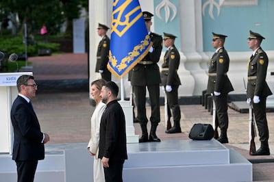 Ukraine's President Volodymyr Zelenskyy and his wife Olena Zelenska welcome Britain's Prime Minister Andy Burnham in Kyiv. AFP