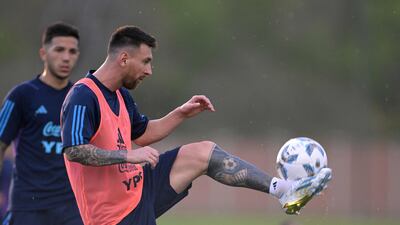 Lionel Messi controls the ball during a training session. AFP