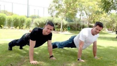 Ryan, left, and Sean Penny, also called the Wellness Brothers, have co-authored the fitness book No Sweat. To keep fit, they advocate short bursts of movement throughout the day. Jeffrey E Biteng / The National