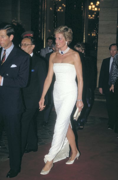 Diana, Princess of Wales wears Oscar de la Renta for a dinner in at the parliament buildings in Budapest, Hungary, in May 1990. Getty Images