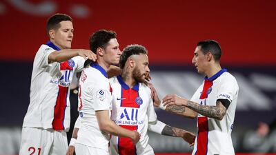 Neymar celebrates scoring with PSG teammates. Reuters