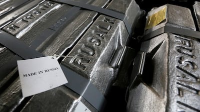 Aluminium ingots at a Rusal smelter in Siberia. Alumina prices are volatile amid sanctions. Reuters
