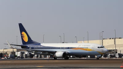 A Jet airways plane taxis towards the runway at Abu Dhabi International Airport. Ravindranath K / The National