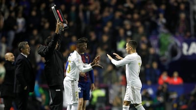 Eden Hazard is replaced by Vinicius Junior against Levante. Getty Images