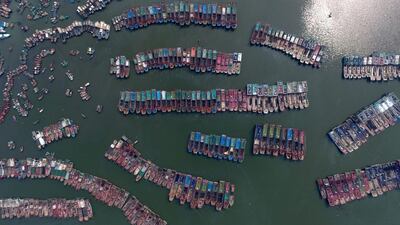 Fishing boats are parked in a port as Typhoon Nida approaches Guangzhou, Guangdong Province, China. China Daily via Reuters