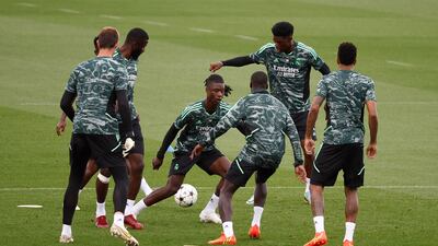 Real Madrid's Eduardo Camavinga training with teammates. Reuters