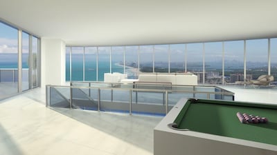 The house has two dens while the tower includes a sports bar with multiple big screens; an ocean-fronted pool and tanning deck; a games room with a billiard table, virtual-golf and virtual-racing simulators; and a cinema with stadium seats, surround sound and a popcorn bar. Courtesy Porsche Design Group