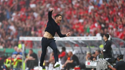 Xabi Alonso celebrates after Granit Xhaka scored for Bayer Leverkusen in their German Cup final win over Kaiserslautern at Olympiastadion in Berlin on May 25, 2024. Getty Images