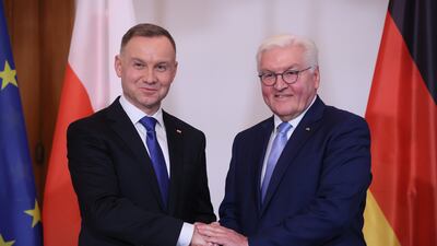 German President Frank-Walter Steinmeier, right, and Polish President Andrzej Duda at Bellevue Palace in Berlin on Monday. EPA