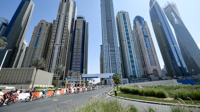The peloton during Stage 6 of the UAE Tour, from Deira Islands to Palm Jumeriah in Dubai, on Friday, February 26. The stage was won by Irish rider Sam Bennett AP