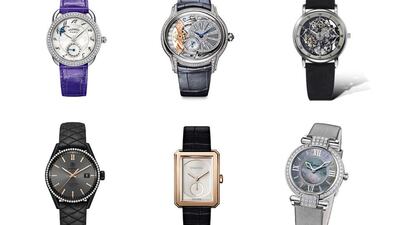 LADIES - Ladies watches are a more diverse field overall than the men's category. Clockwise from top left: Hermès Arceau Petite Lune with diamonds, Audemars Piguet Millenary, Claude Meylan Lionne Sheherazade, Chopard Imperiale 36mm Joaillerie, Chanel Boy∙Friend Beige Gold and TAG Heuer Carrera Cara Delevigne. Courtesy GPHG