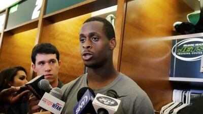 New York Jets quarterback Geno Smith answers a question after football practice at Florham Park, NJ, where the New York Jets were preparing to face the Tampa Bay Buccaneers in their NFL opener.