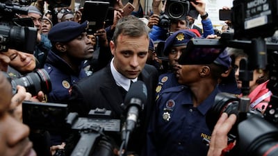 Oscar Pistorius leaves the High Court in Pretoria, South Africa, on June 14, 2016 during his trail for the murder of girlfriend Reeva Steenkamp. AP